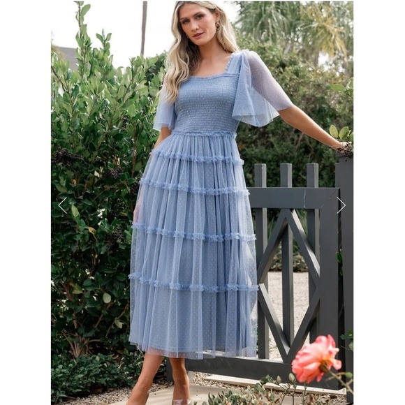 Baltic Born Bexley Tulle Midi Dress XL Dusty Blue Milkmaid Tiered Flutter Sleeve - Picture 2 of 10